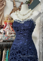 Elegant Navy Mermaid Strapless Evening Prom Dress Backless Chiffon Birthday Evening Dress