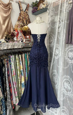 Elegant Navy Mermaid Strapless Evening Prom Dress Backless Chiffon Birthday Evening Dress