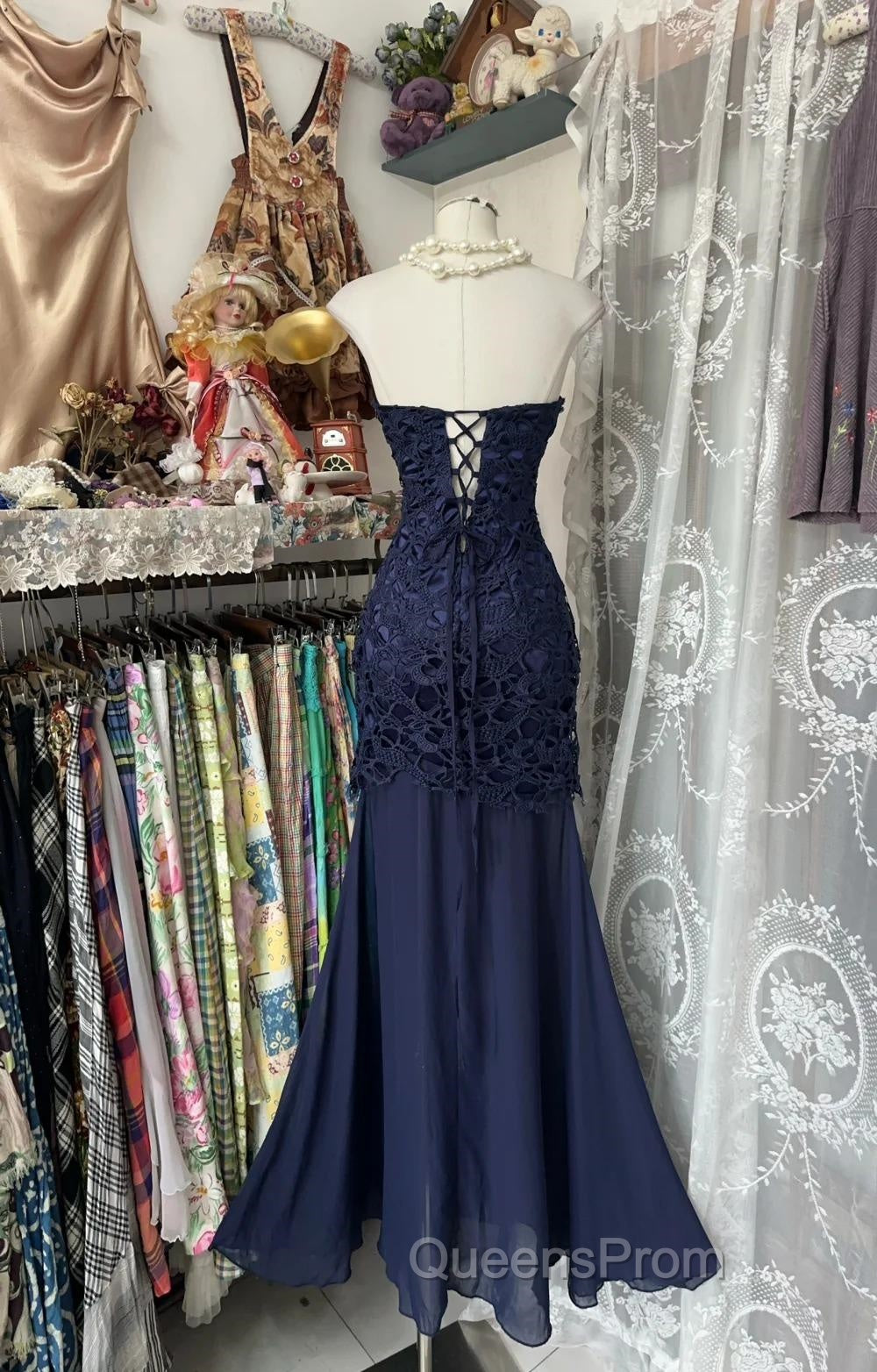 Elegant Navy Mermaid Strapless Evening Prom Dress Backless Chiffon Birthday Evening Dress