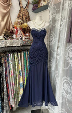Elegant Navy Mermaid Strapless Evening Prom Dress Backless Chiffon Birthday Evening Dress