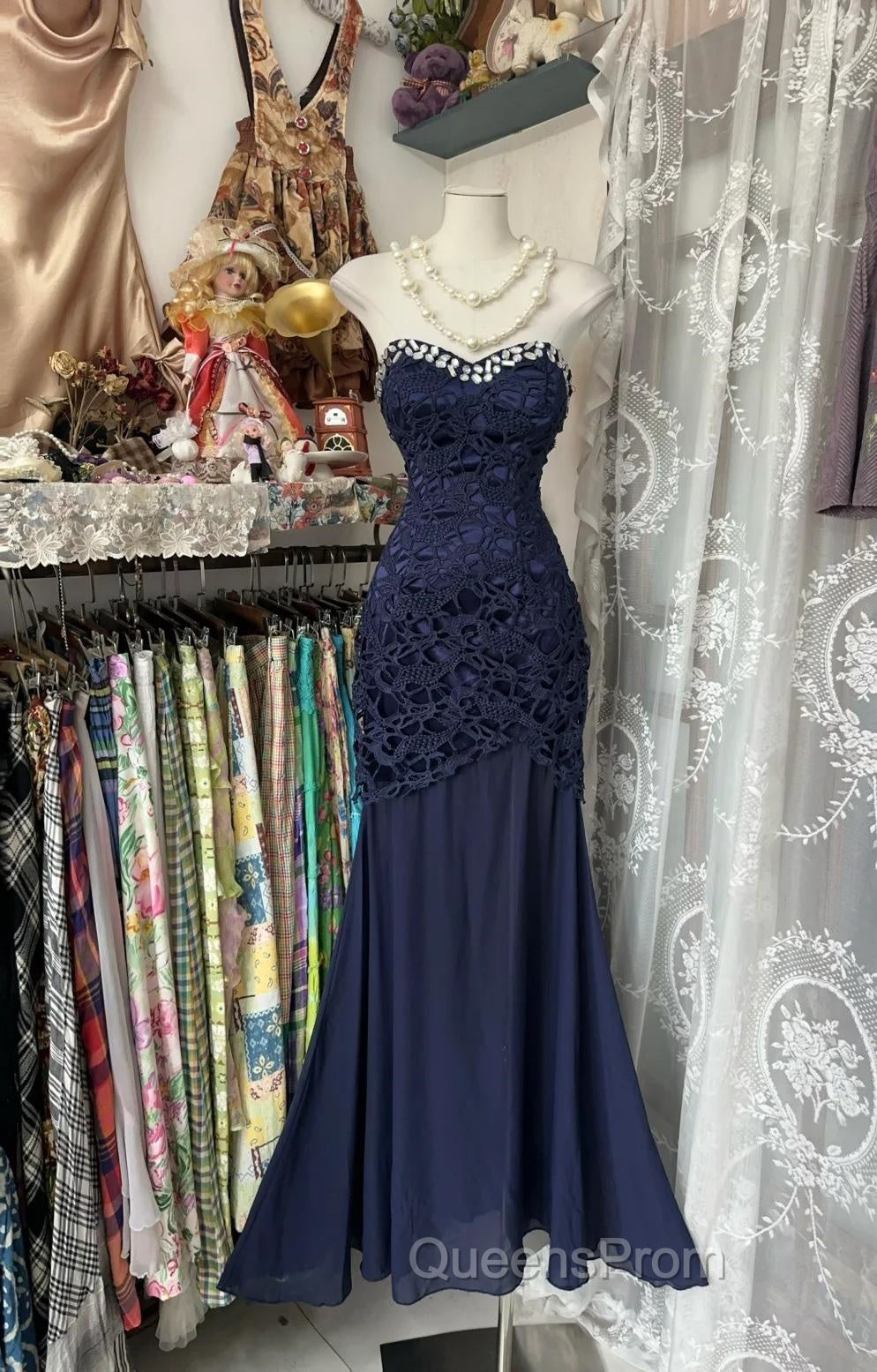 Elegant Navy Mermaid Strapless Evening Prom Dress Backless Chiffon Birthday Evening Dress