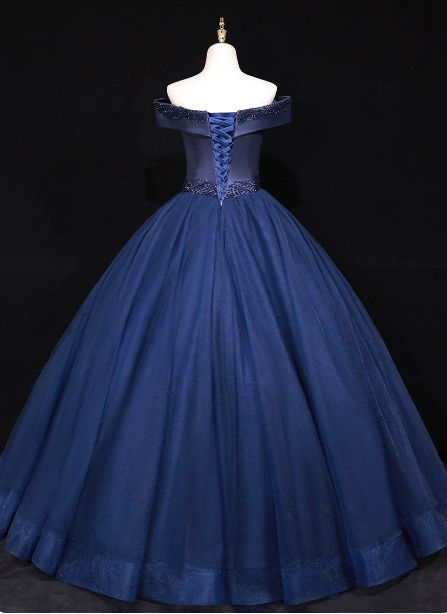 Elegant Navy Blue Off-The-Shoulder Beaded Satin Tulle Long Classy Prom Dress Secondary image