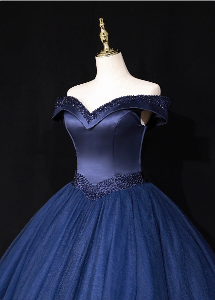 Elegant Navy Blue Off-The-Shoulder Beaded Satin Tulle Long Classy Prom Dress