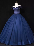 Elegant Navy Blue Off-The-Shoulder Beaded Satin Tulle Long Classy Prom Dress