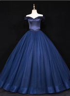 Elegant Navy Blue Off-The-Shoulder Beaded Satin Tulle Long Classy Prom Dress