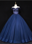 Elegant Navy Blue Off-The-Shoulder Beaded Satin Tulle Long Classy Prom Dress
