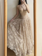 Elegant Nude Apricot A-Line Deep V Halter Lace Long Classy Prom Dress Bridesmaid Dress