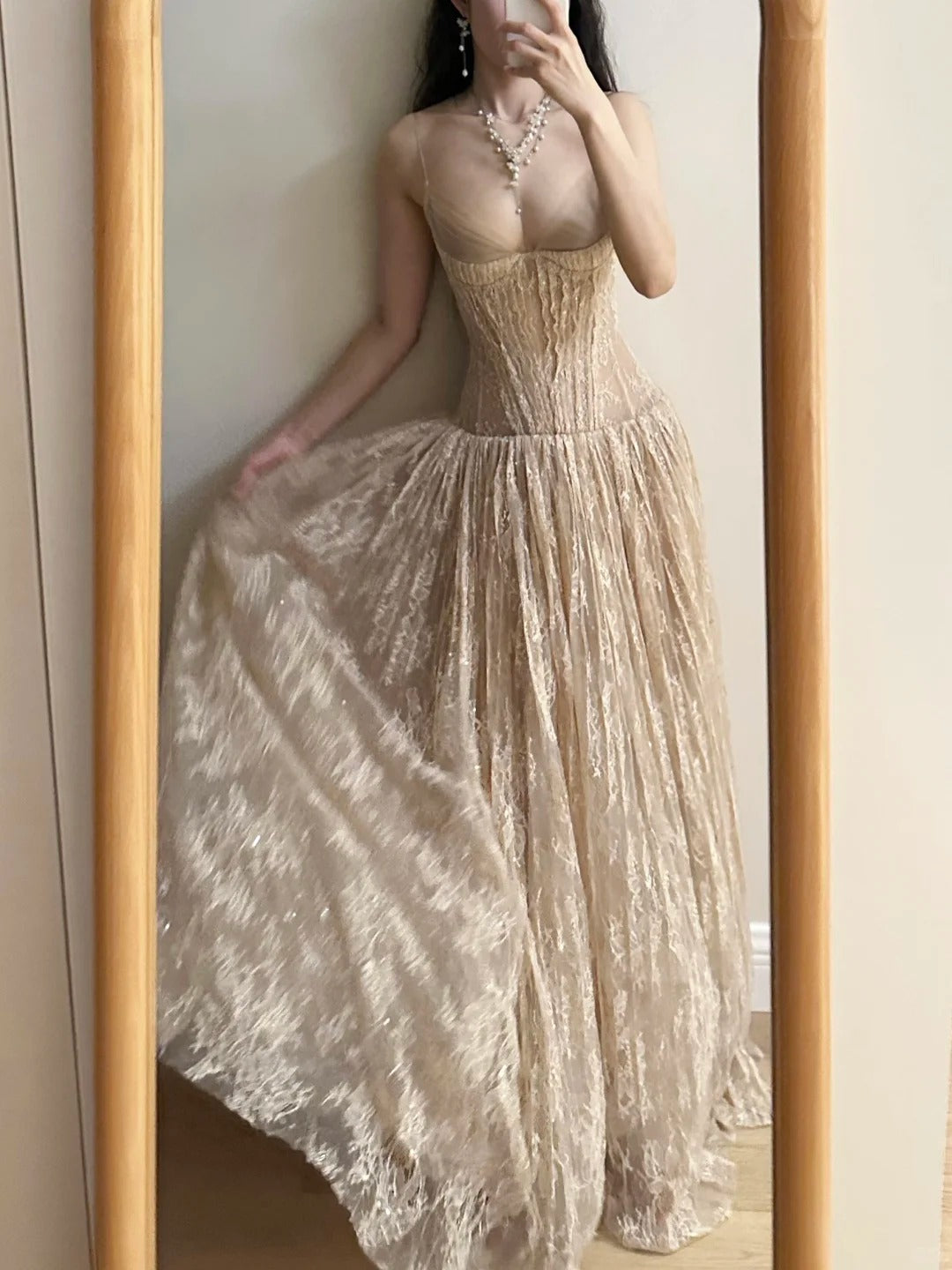 Elegant Nude Apricot A-Line Deep V Halter Lace Long Classy Prom Dress Bridesmaid Dress