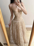 Elegant Nude Apricot A-Line Deep V Halter Lace Long Classy Prom Dress Bridesmaid Dress