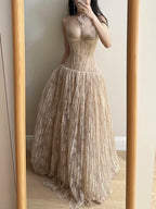 Elegant Nude Apricot A-Line Deep V Halter Lace Long Classy Prom Dress Bridesmaid Dress