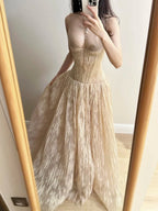 Elegant Nude Apricot A-Line Deep V Halter Lace Long Classy Prom Dress Bridesmaid Dress
