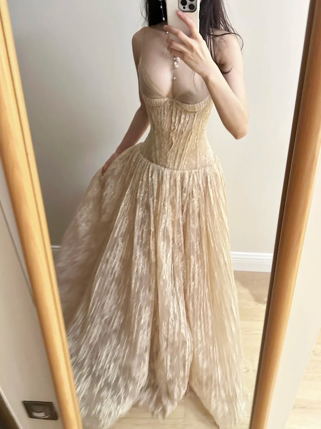 Elegant Nude Apricot A-Line Deep V Halter Lace Long Classy Prom Dress Bridesmaid Dress