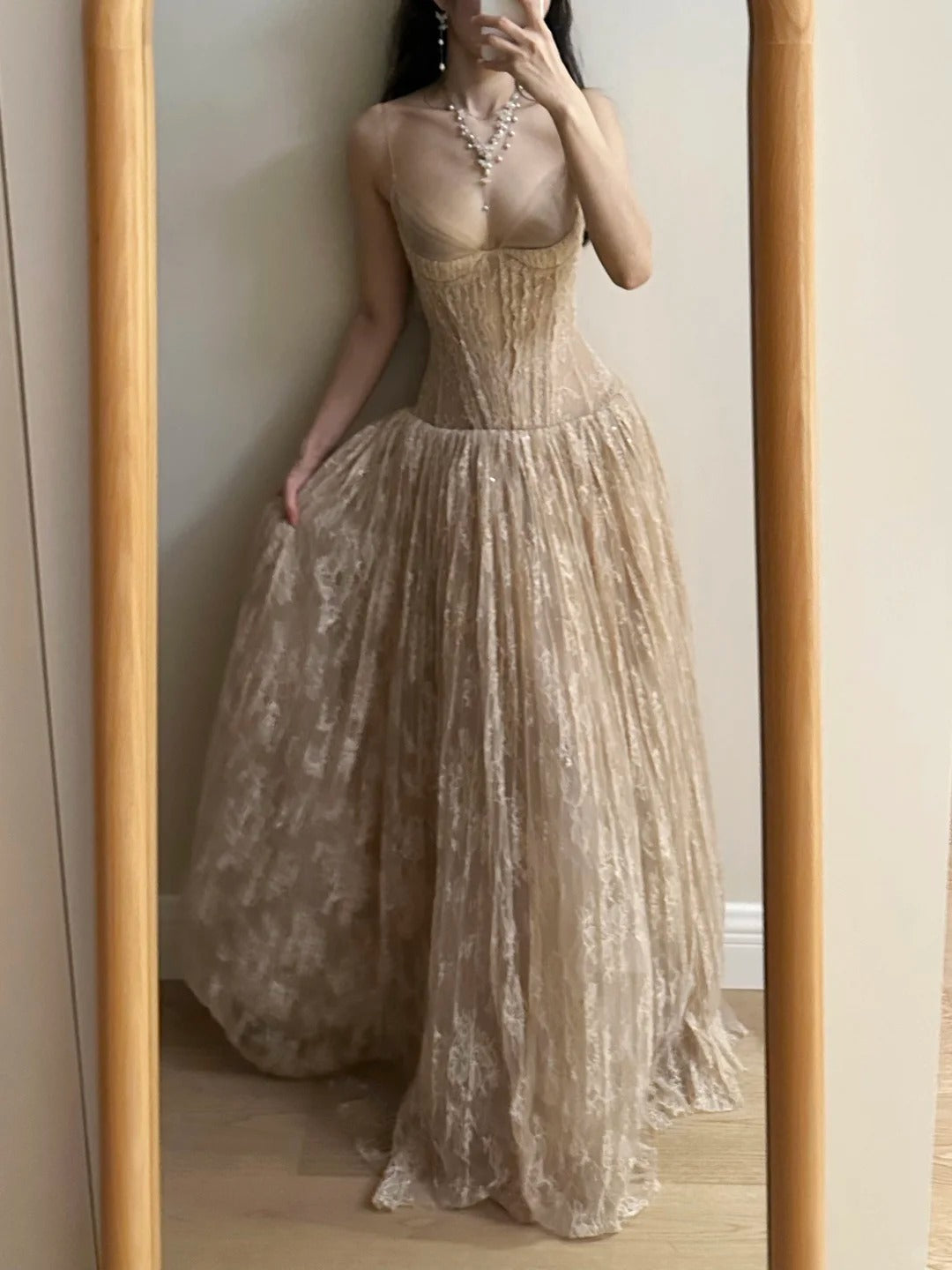 Elegant Nude Apricot A-Line Deep V Halter Lace Long Classy Prom Dress Bridesmaid Dress