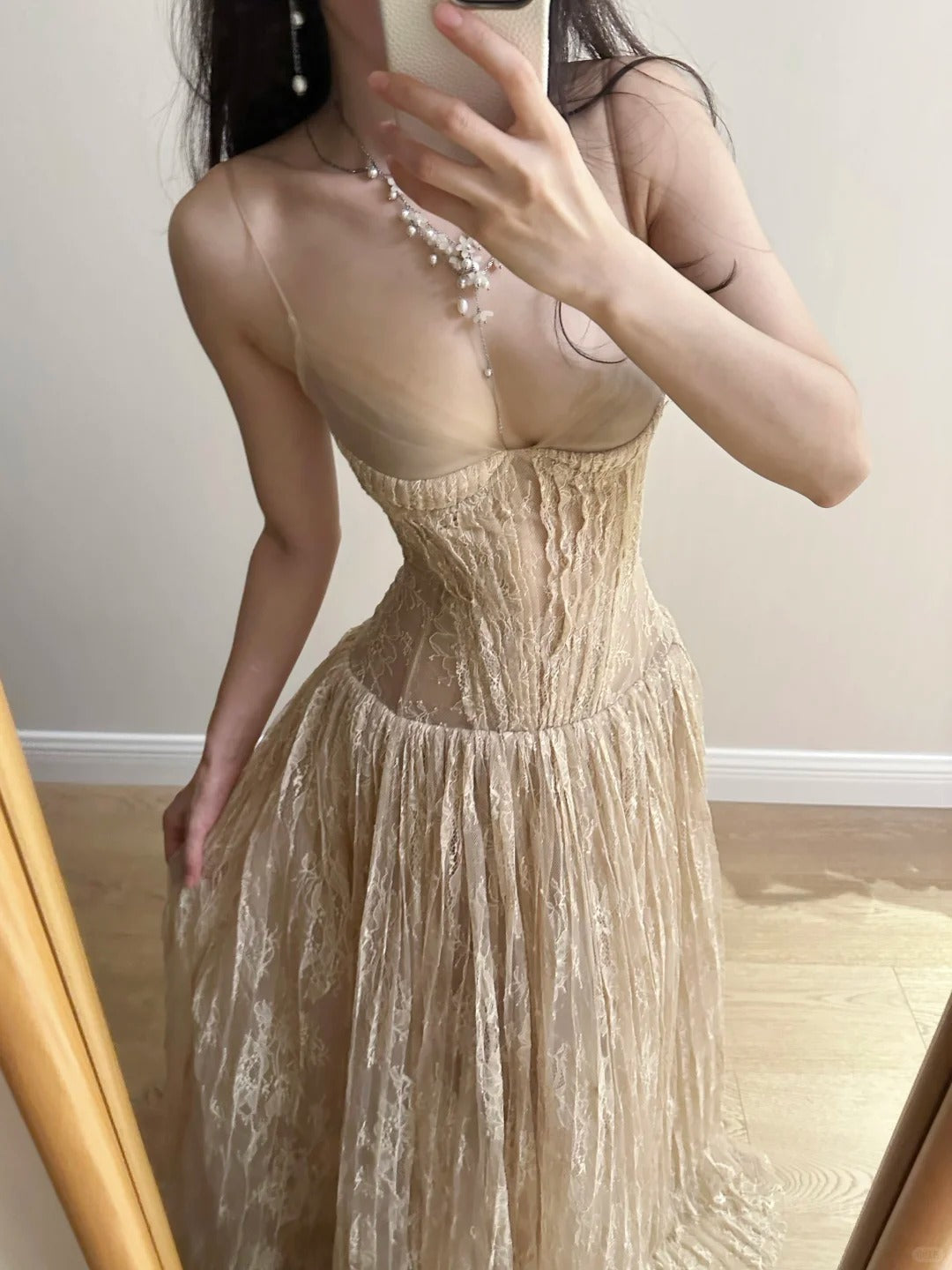 Elegant Nude Apricot A-Line Deep V Halter Lace Long Classy Prom Dress Bridesmaid Dress