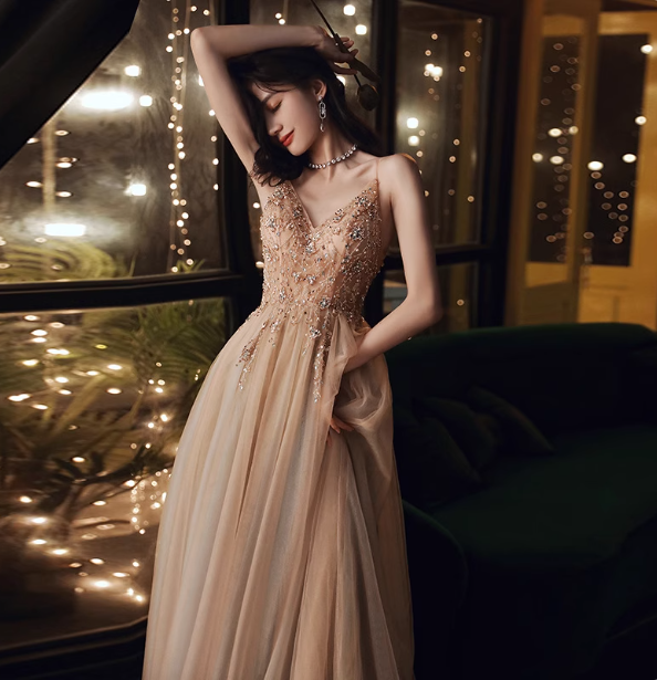 Elegant Nude Apricot A-Line Spaghetti Strap V-Neck Beaded Tulle Long Classy Prom Dress Secondary image
