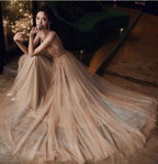 Elegant Nude Apricot A-Line Spaghetti Strap V-Neck Beaded Tulle Long Classy Prom Dress