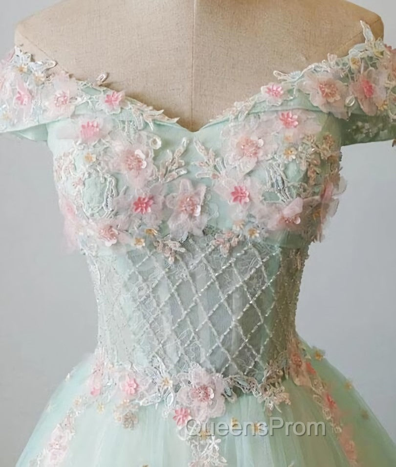 Elegant Off Shoulder Light Green Tulle Sweet 16 Dress, Long Evening Gown Secondary image