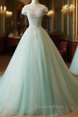 Elegant Off Shoulder Light Green Tulle Sweet 16 Dress, Long Evening Gown
