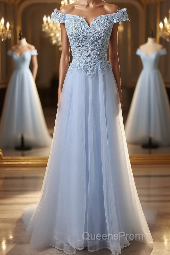 Elegant Off Shoulder Long Sky Blue Lace Evening Prom Dress, Off Shoulder Sky Blue Formal Dress, Sky Blue Lace Evening Dress Main image