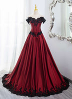 Elegant Off Shoulder Wine Red Classy Prom Dress With Black Lace, Wine Red Classy Evening Dress