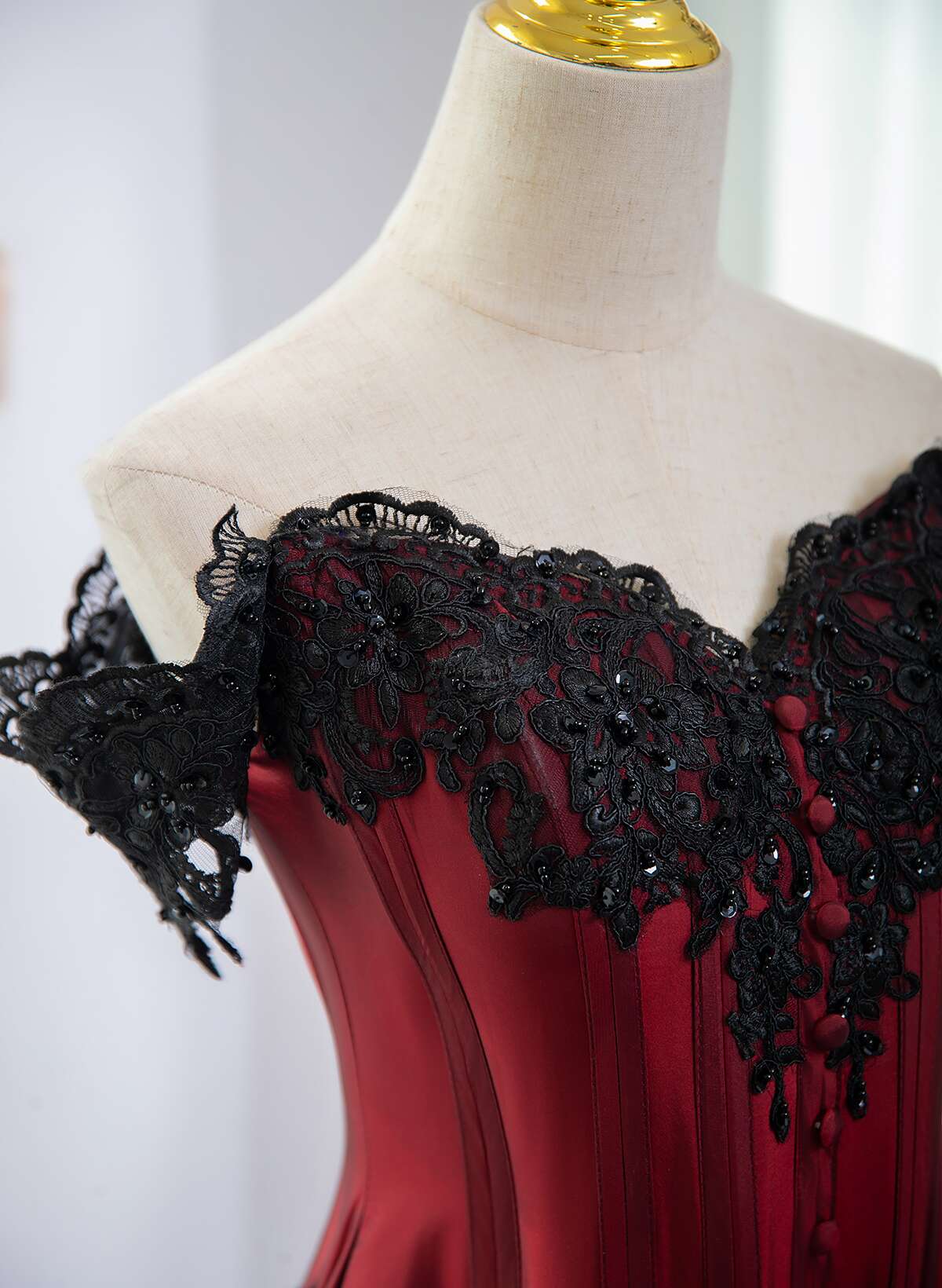 Elegant Off Shoulder Wine Red Classy Prom Dress With Black Lace, Wine Red Classy Evening Dress