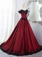 Elegant Off Shoulder Wine Red Classy Prom Dress With Black Lace, Wine Red Classy Evening Dress