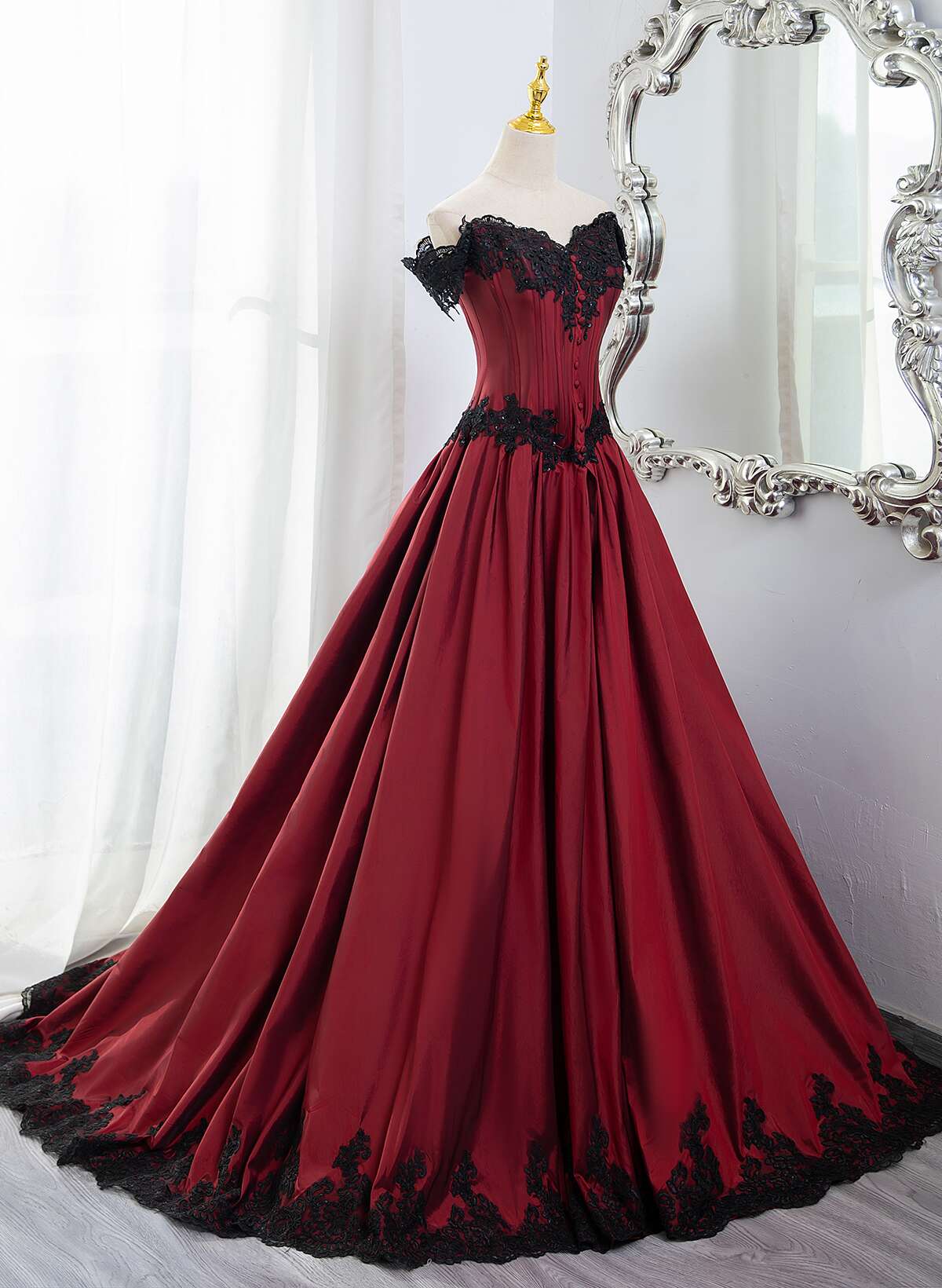 Elegant Off Shoulder Wine Red Classy Prom Dress With Black Lace, Wine Red Classy Evening Dress