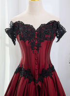 Elegant Off Shoulder Wine Red Classy Prom Dress With Black Lace, Wine Red Classy Evening Dress