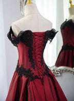 Elegant Off Shoulder Wine Red Classy Prom Dress With Black Lace, Wine Red Classy Evening Dress