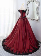 Elegant Off Shoulder Wine Red Classy Prom Dress With Black Lace, Wine Red Classy Evening Dress