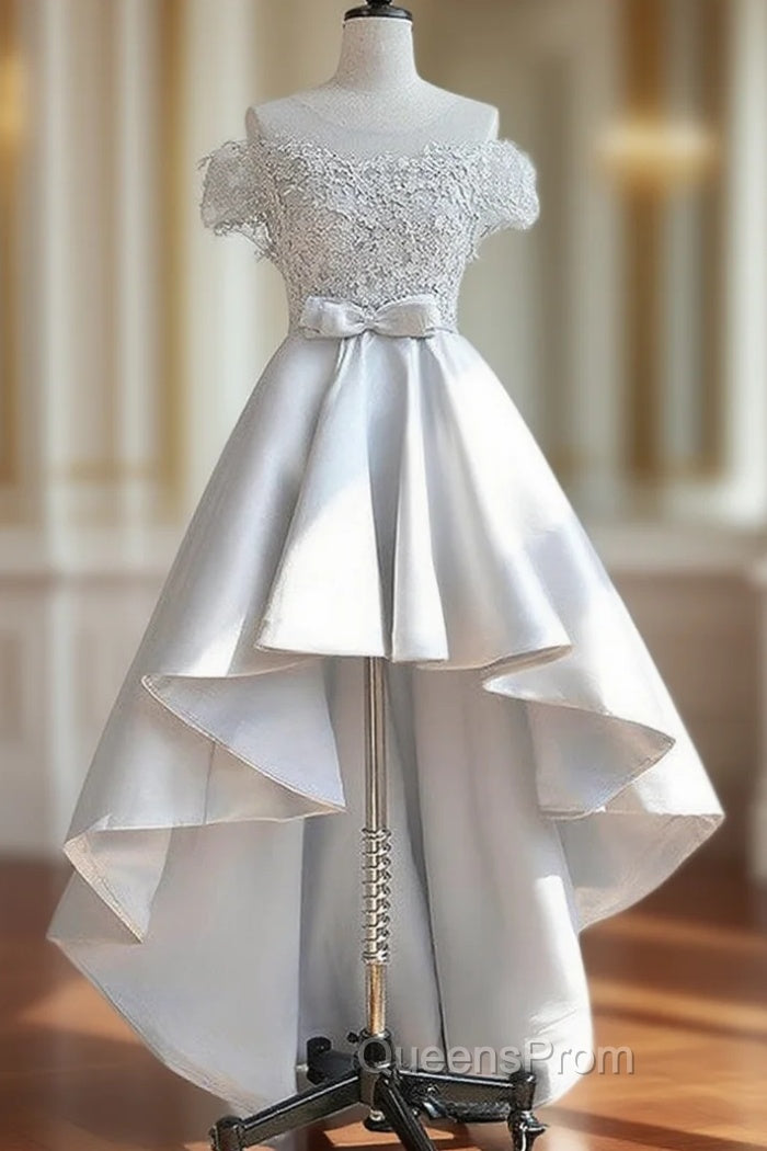 Elegant Off The Shoulder Applique Satin White Homecoming Dress Online, Main image