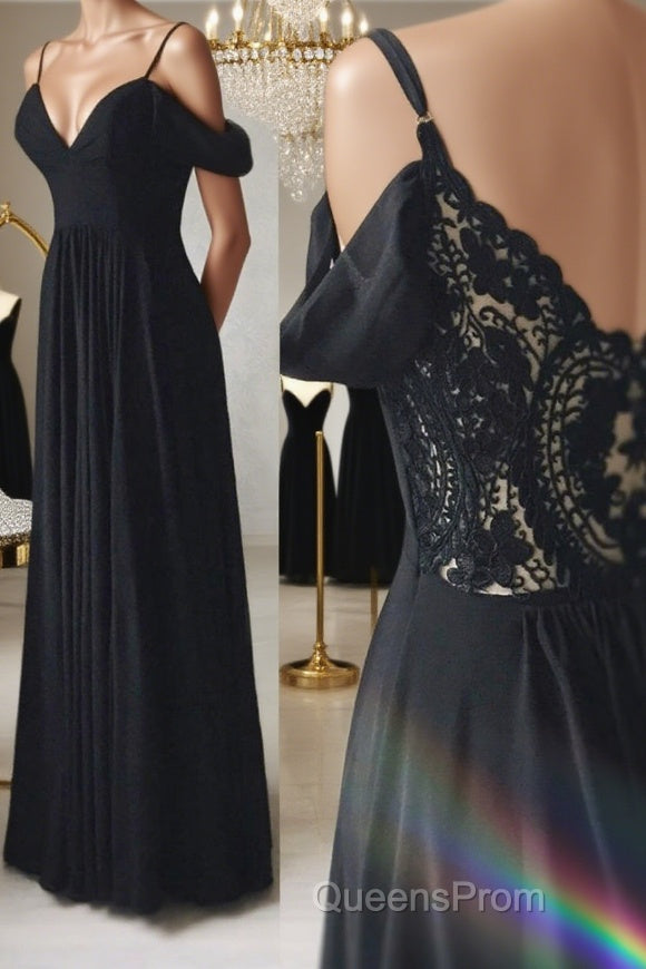Elegant Off the Shoulder Black Long Evening Prom Dress with Lace Back, Off Shoulder Black Lace Formal Evening Dress Main image