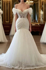 Elegant Off the Shoulder Floor Length Mermaid Tulle Wedding Dress