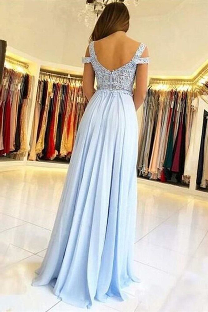 Elegant Off-The-Shoulder Low Back Prom Dresses With Chic High Split Ligh Sky Blue Evening Gowns With Lace Appliques Secondary image