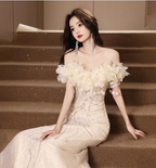 Elegant Off-White Mermaid Off-The-Shoulder 3D Floral Sequined Sheer Tulle Long Classy Prom Dress