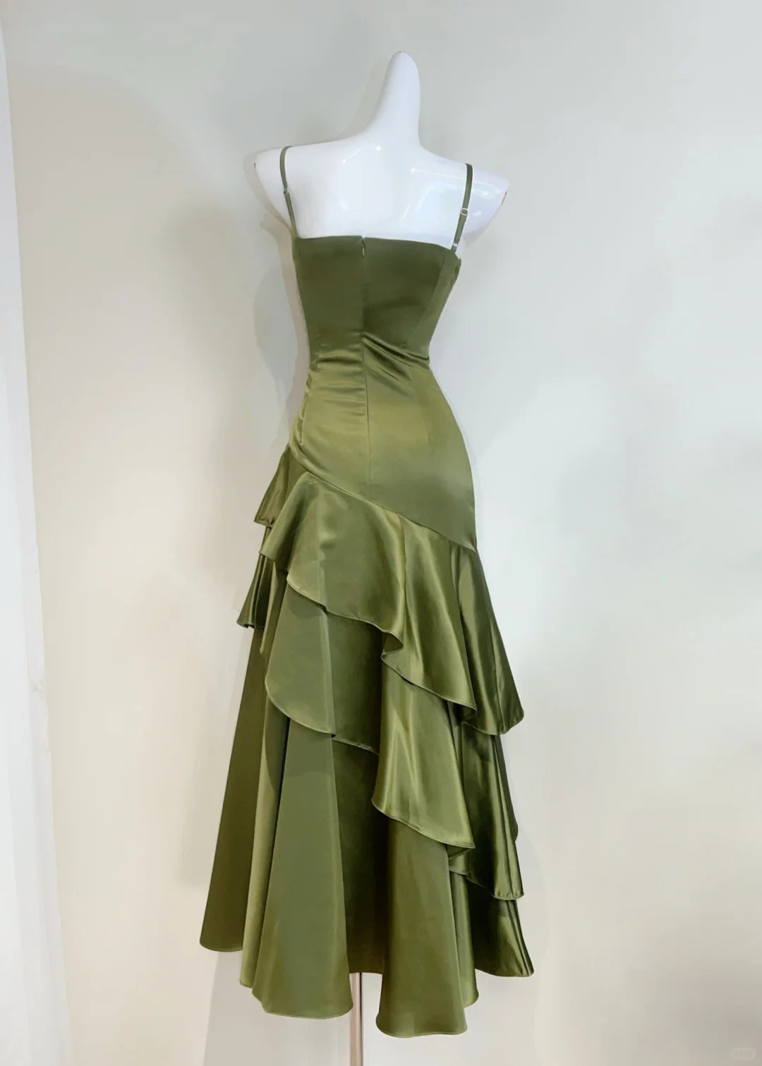 Elegant Olive Green Mermaid Ruffle Spaghetti Strap Satin Classy Prom Dress