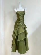 Elegant Olive Green Mermaid Ruffle Spaghetti Strap Satin Classy Prom Dress