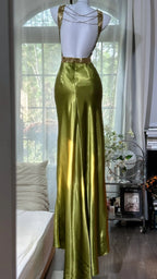 Elegant Olive-Green Mermaid V-Neck Backless Satin Long Classy Prom Dress