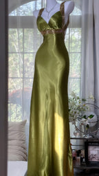 Elegant Olive-Green Mermaid V-Neck Backless Satin Long Classy Prom Dress