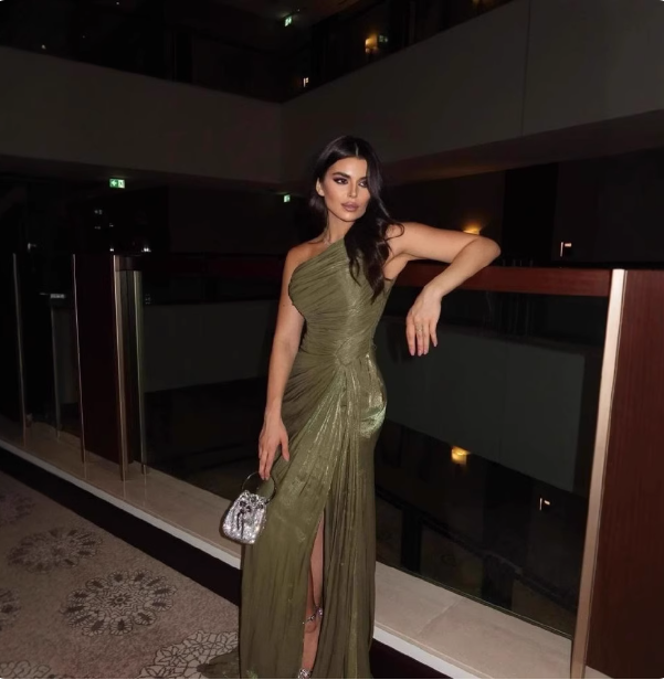 Elegant Olive Green One-Shoulder Ruffled Slit Satin Long Classy Prom Dress Secondary image