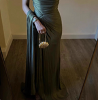 Elegant Olive Green One-Shoulder Ruffled Slit Satin Long Classy Prom Dress