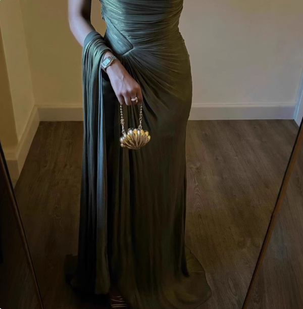 Elegant Olive Green One-Shoulder Ruffled Slit Satin Long Classy Prom Dress