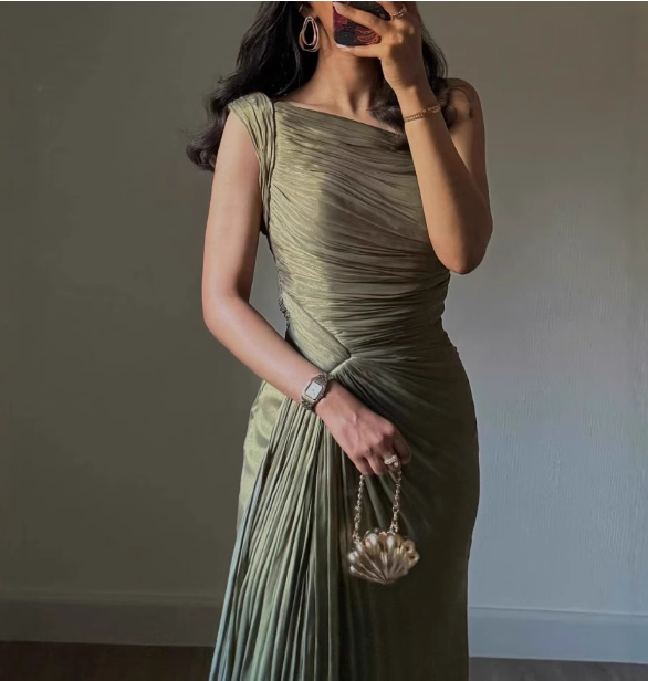 Elegant Olive Green One-Shoulder Ruffled Slit Satin Long Classy Prom Dress Main image