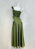 Elegant Olive Green Slim Fit Ruffled Satin Classy Prom Dress