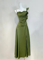 Elegant Olive Green Slim Fit Ruffled Satin Classy Prom Dress