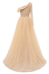 Elegant One Shoulder Beige Evening Prom Dress Sheer Beading Lace Evening Dress