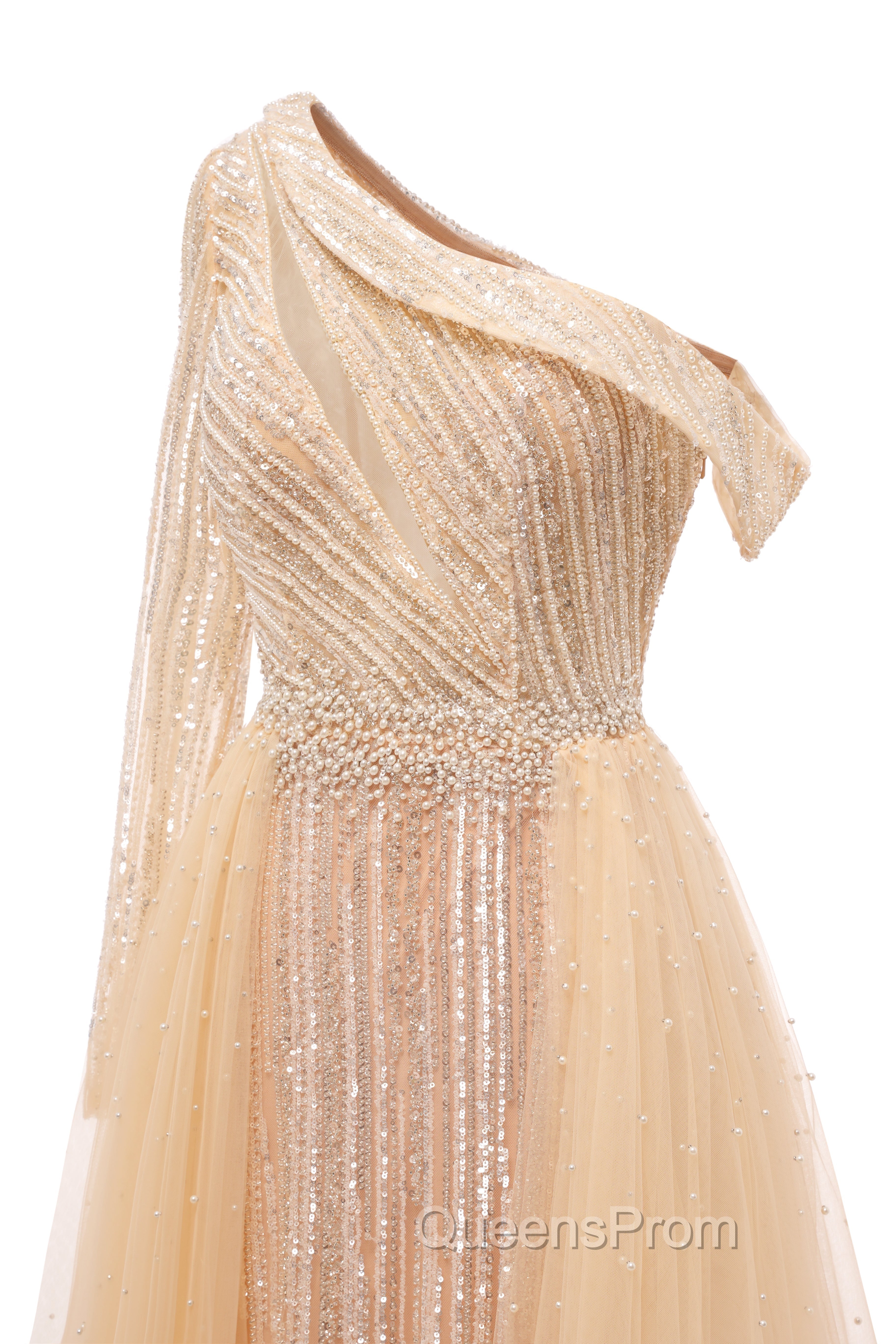 Elegant One Shoulder Beige Evening Prom Dress Sheer Beading Lace Evening Dress