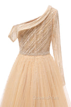Elegant One Shoulder Beige Evening Prom Dress Sheer Beading Lace Evening Dress