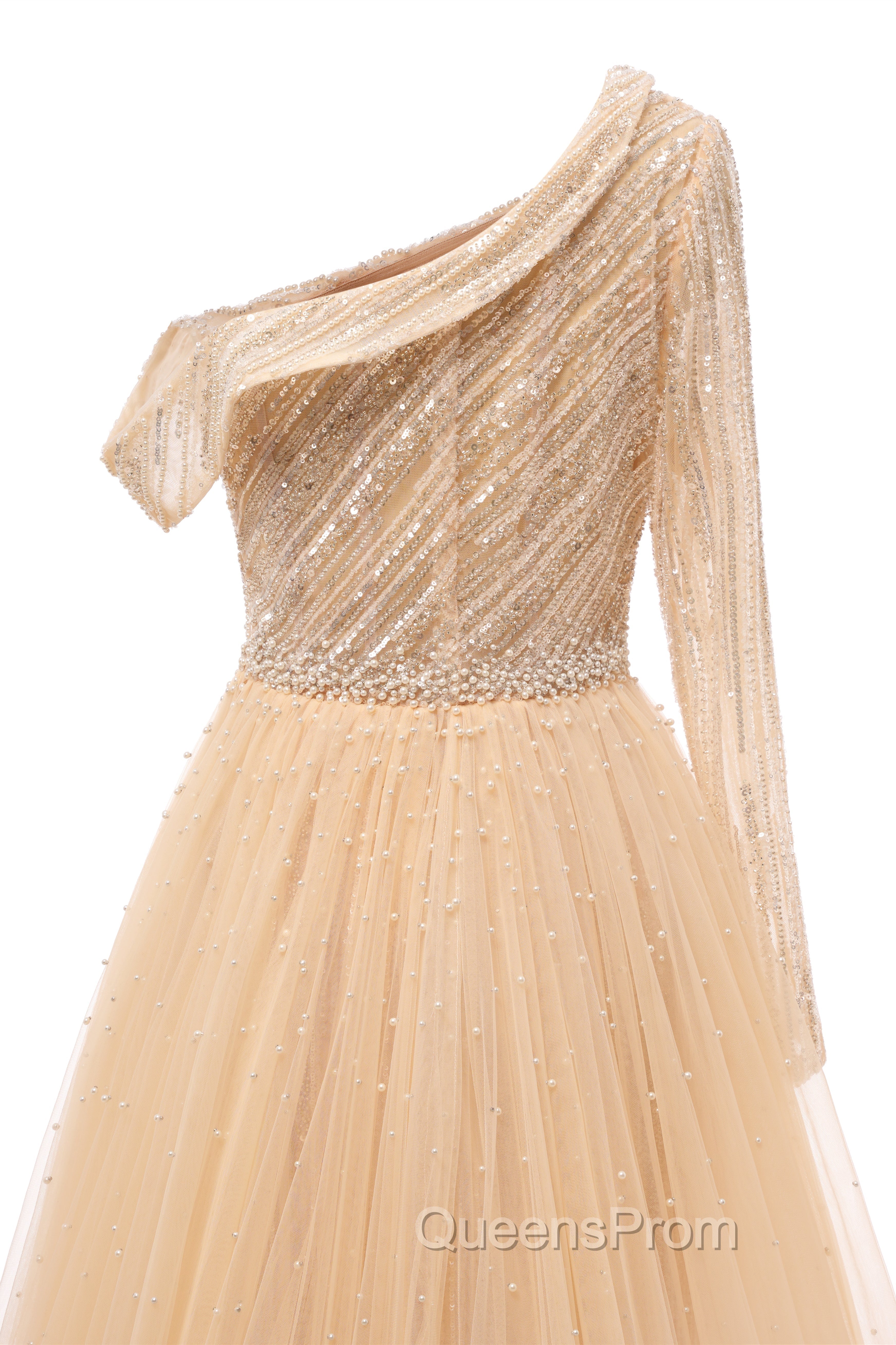Elegant One Shoulder Beige Evening Prom Dress Sheer Beading Lace Evening Dress
