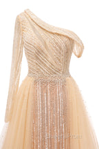 Elegant One Shoulder Beige Evening Prom Dress Sheer Beading Lace Evening Dress